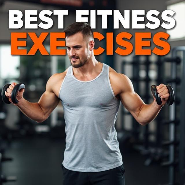 Fit man in a gym wearing a gray tank top, performing strength training with dumbbells, promoting best fitness exercises for strength and endurance.