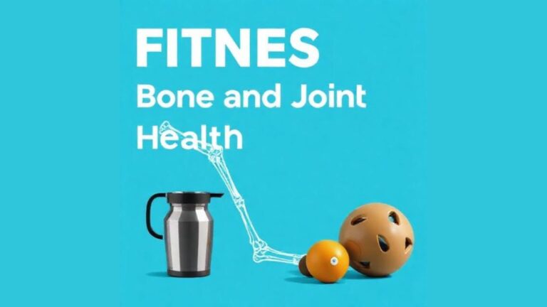 "Illustration for Fitness Bone and Joint Health showing exercise equipment and a graphic of a leg bone on a bright blue background."