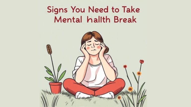 “Illustration of a stressed woman sitting on the grass with her hands on her head, representing signs you need to take a mental health break and emotional overwhelm.”