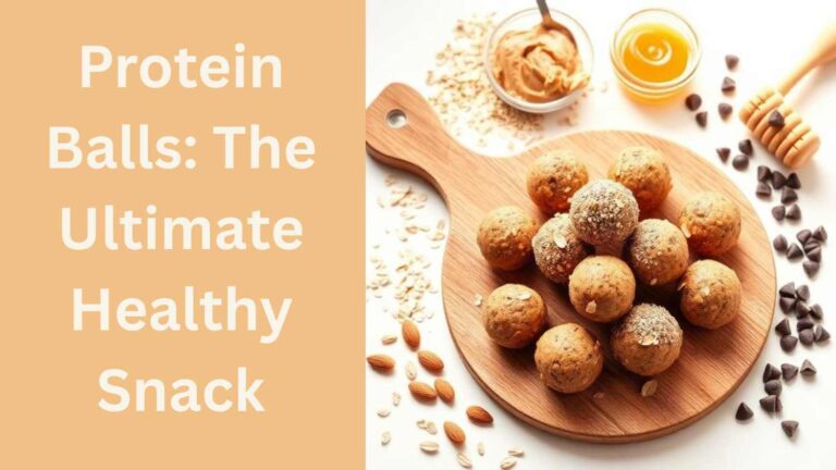 "Healthy protein balls snack made with oats, nuts, peanut butter, and honey, shown with text promoting a fitness-friendly energy snack."
