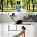 "At-home and outdoor fitness routine featuring jogging, core workouts, and strength exercises for a healthy lifestyle."