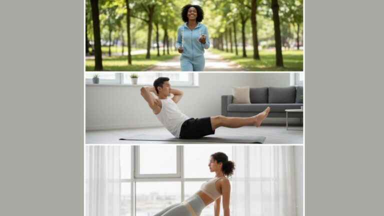 "At-home and outdoor fitness routine featuring jogging, core workouts, and strength exercises for a healthy lifestyle."
