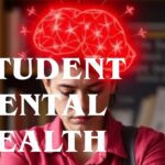 "Student mental health concept showing a stressed student with a brain illustration highlighting academic pressure and emotional stress."
