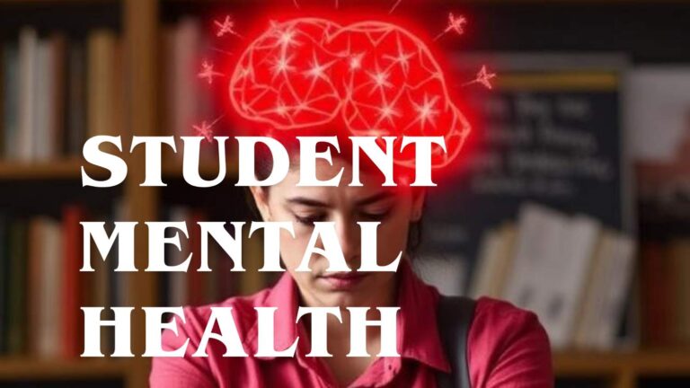 "Student mental health concept showing a stressed student with a brain illustration highlighting academic pressure and emotional stress."